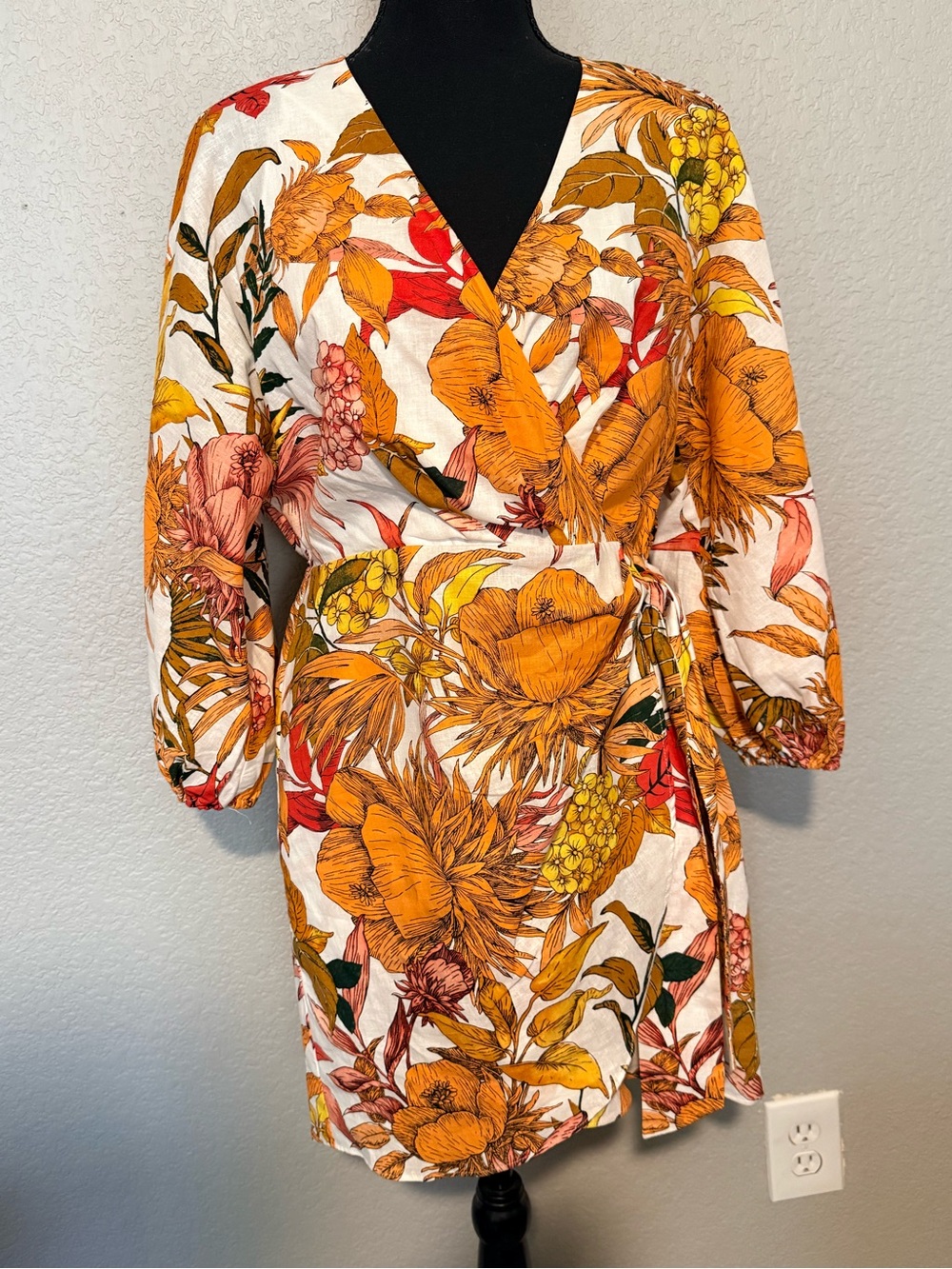 Express Floral Wrap Dress in Mustard, Orange & Red